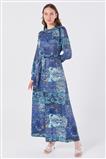 Yakası Büzgülü Kuşaklı Mavi-Lacivert Elbise