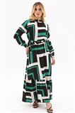 C Yaka Geometrik Desen Elbise-Yeşil 9505-21