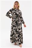 C Yaka Karma Desen Elbise-Bej Siyah 9505-255