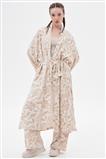 İkili Takım Keten Yaprak Desen Kimono-Bej 100057-R039