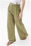 Bel Detaylı Bol Paça Yeşil Pantolon
