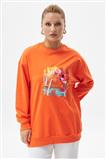 Pul İşlemeli Baskılı Oranj Sweatshirt