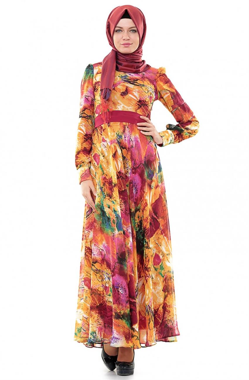 Çiçekli Şifon Turuncu Elbise 3030-77