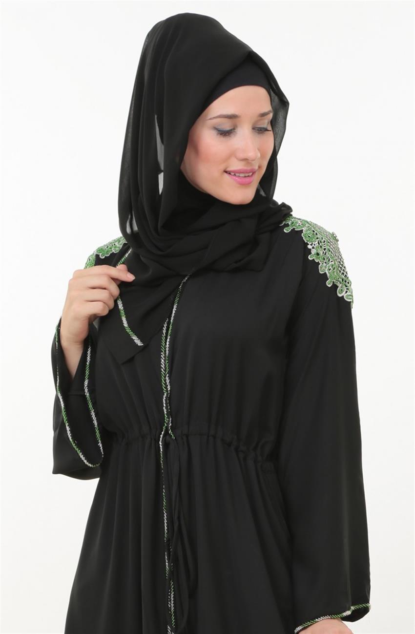 Shawl Abaya-Black Green 153-0121