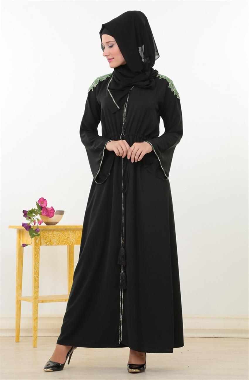 Shawl Abaya-Black Green 153-0121