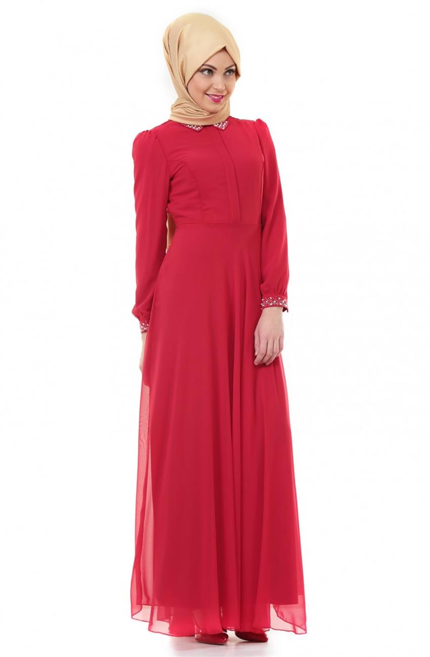 Boncuk İşlemeli Abiye Kırmızı Elbise ARM7027-34