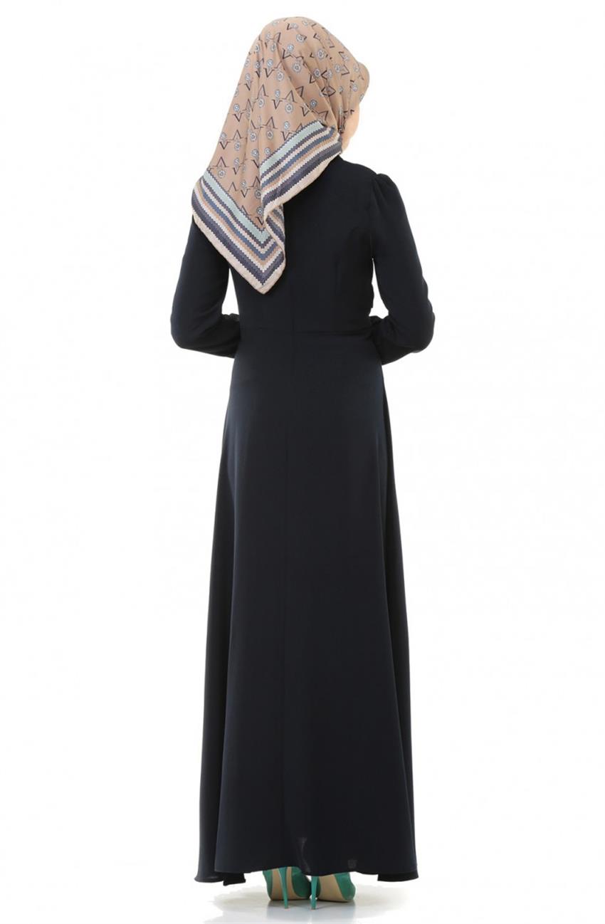 Sivri Yaka Lacivert Elbise 1854-17