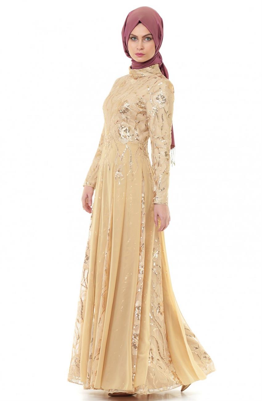 Nakış Detaylı Abiye Gold Elbise KA-A5-23021-63