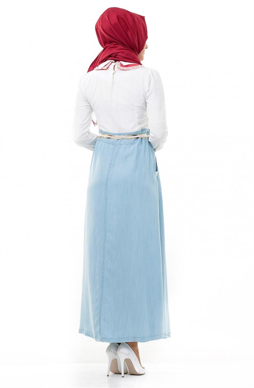 Butik Huri Çift Yaka Elbise Beyaz Buz Mavisi 5073-0271
