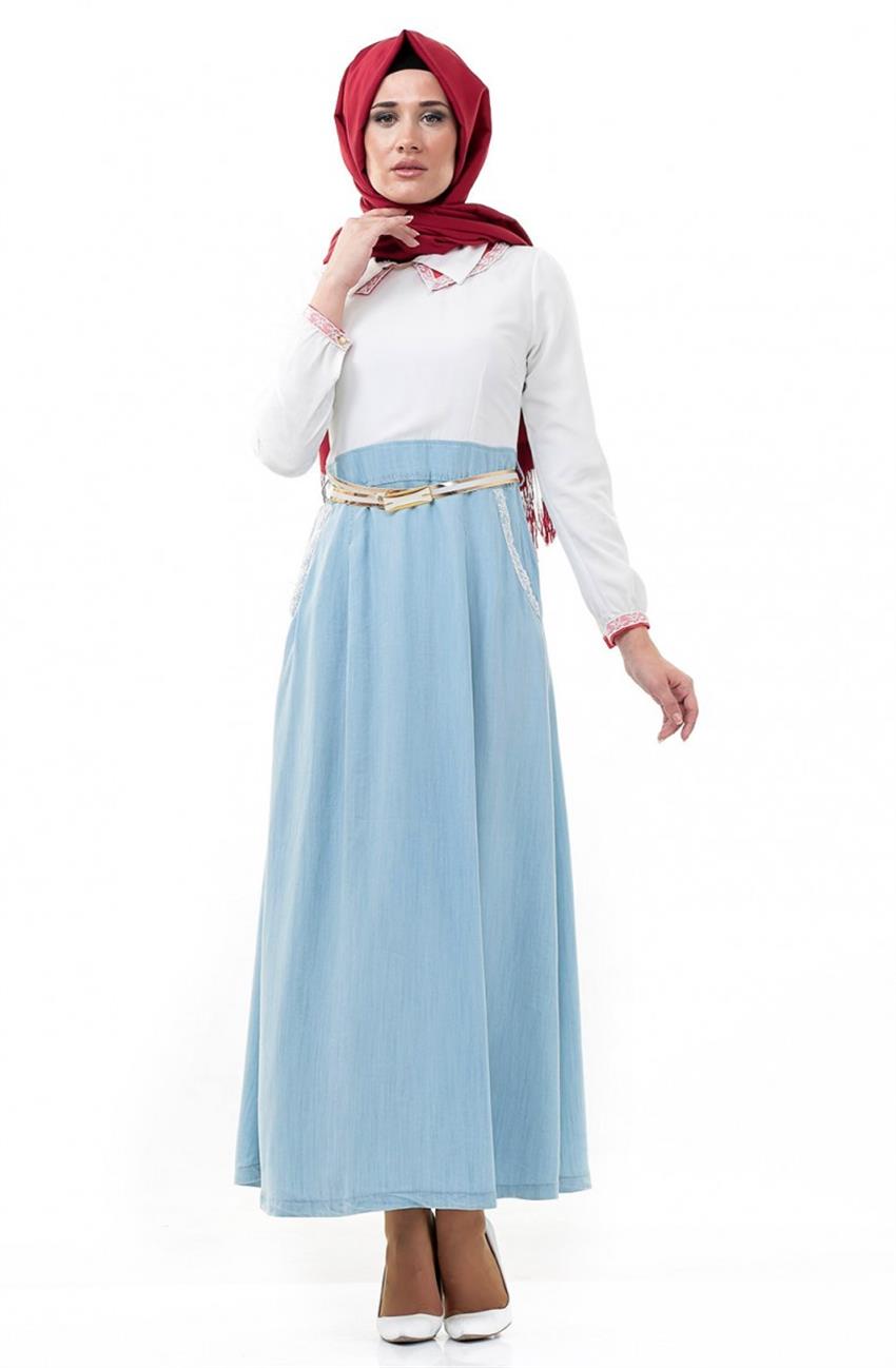Butik Huri Çift Yaka Elbise Beyaz Buz Mavisi 5073-0271