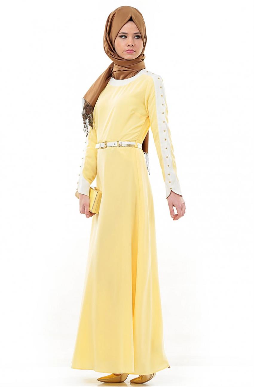 2 Renk Metal Aksesuarlı Mevsimlik Sarı Elbise Ekru 3633-2952