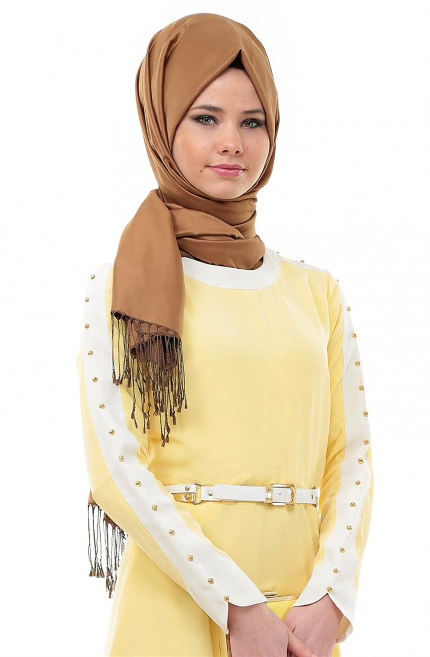 2 Renk Metal Aksesuarlı Mevsimlik Sarı Elbise Ekru 3633-2952