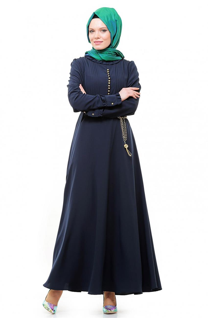 Drape Detaylı Lacivert Elbise 1573-17