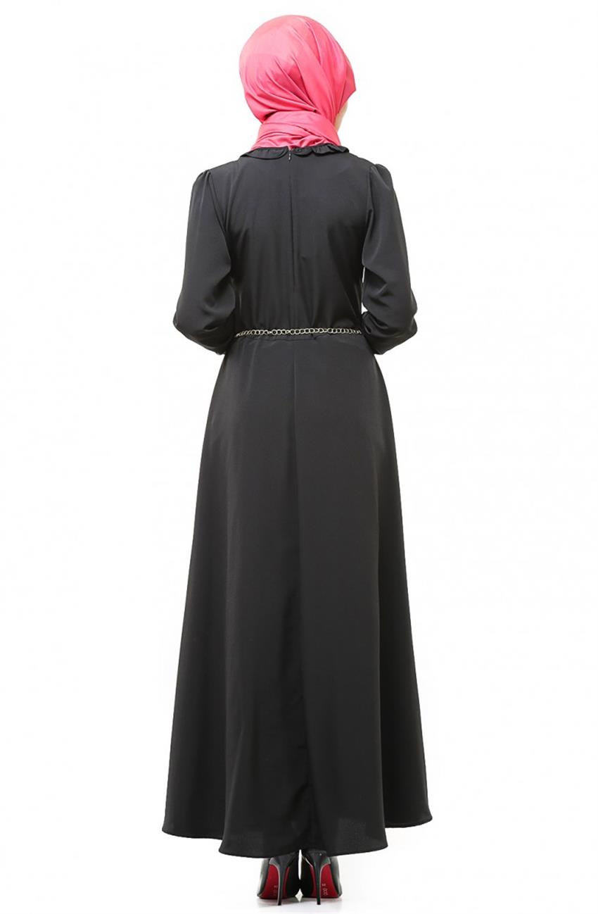 Drape Detaylı Siyah Elbise 1573-01