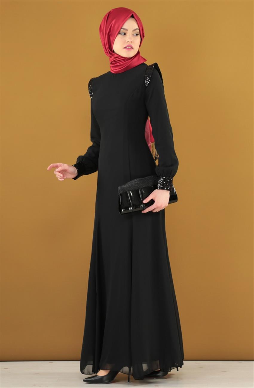 Pulpayet İşlemeli Abiye Siyah Elbise 7008-01