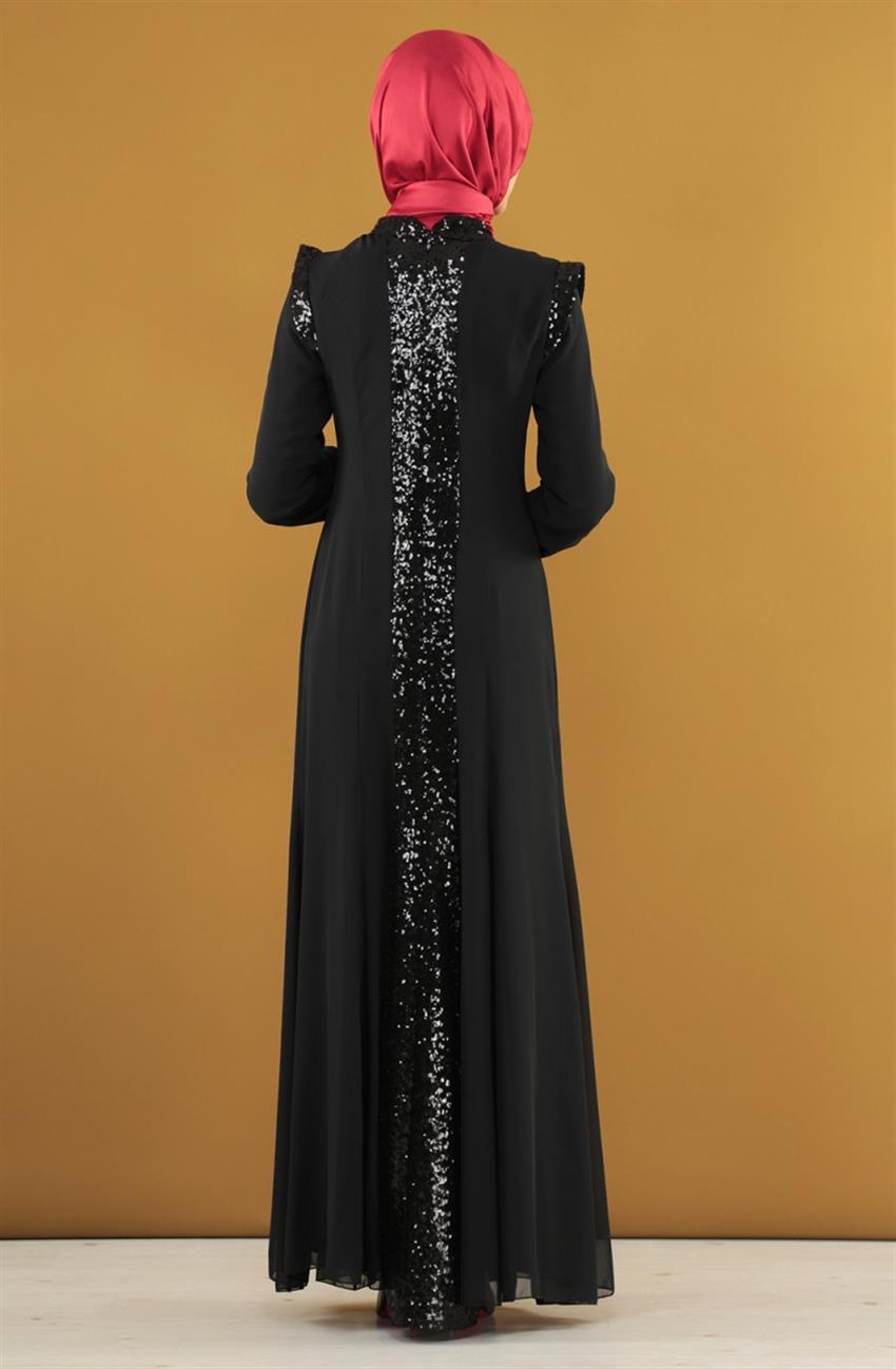 Pulpayet İşlemeli Abiye Siyah Elbise 7008-01