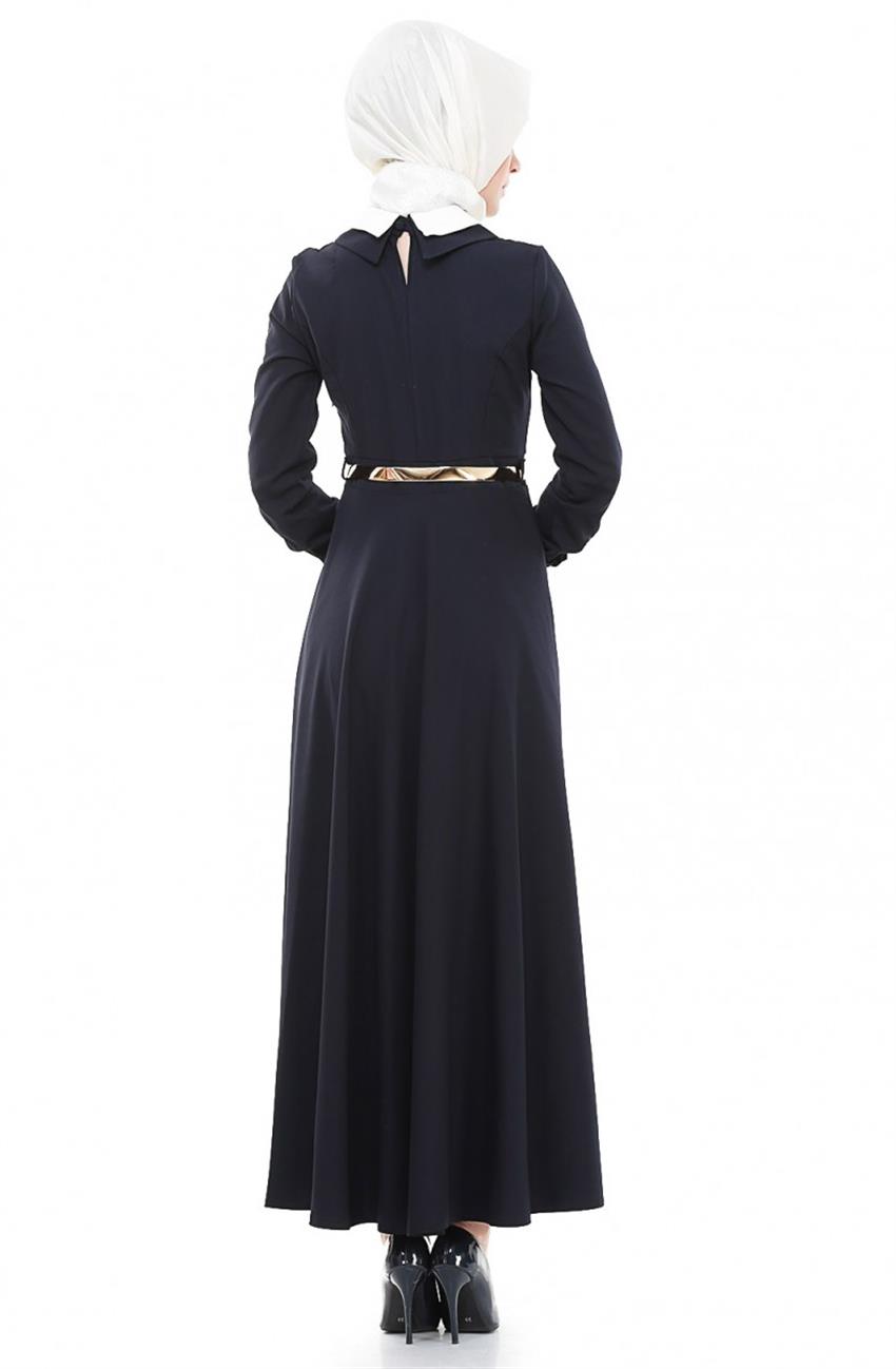 Çift Yakalı Garnili Lacivert Elbise 8543-17