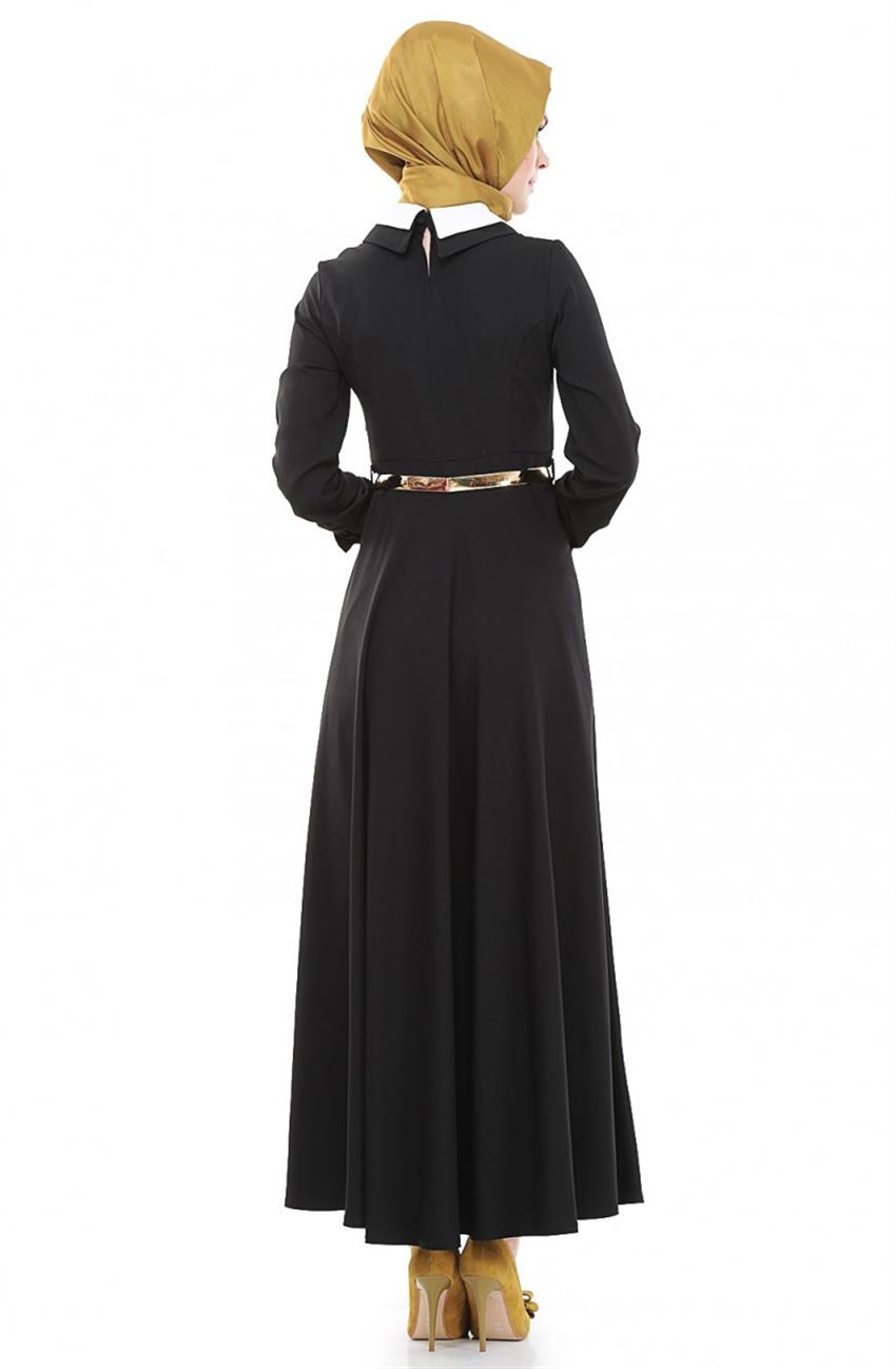 Çift Yakalı Garnili Siyah Elbise 8543-01