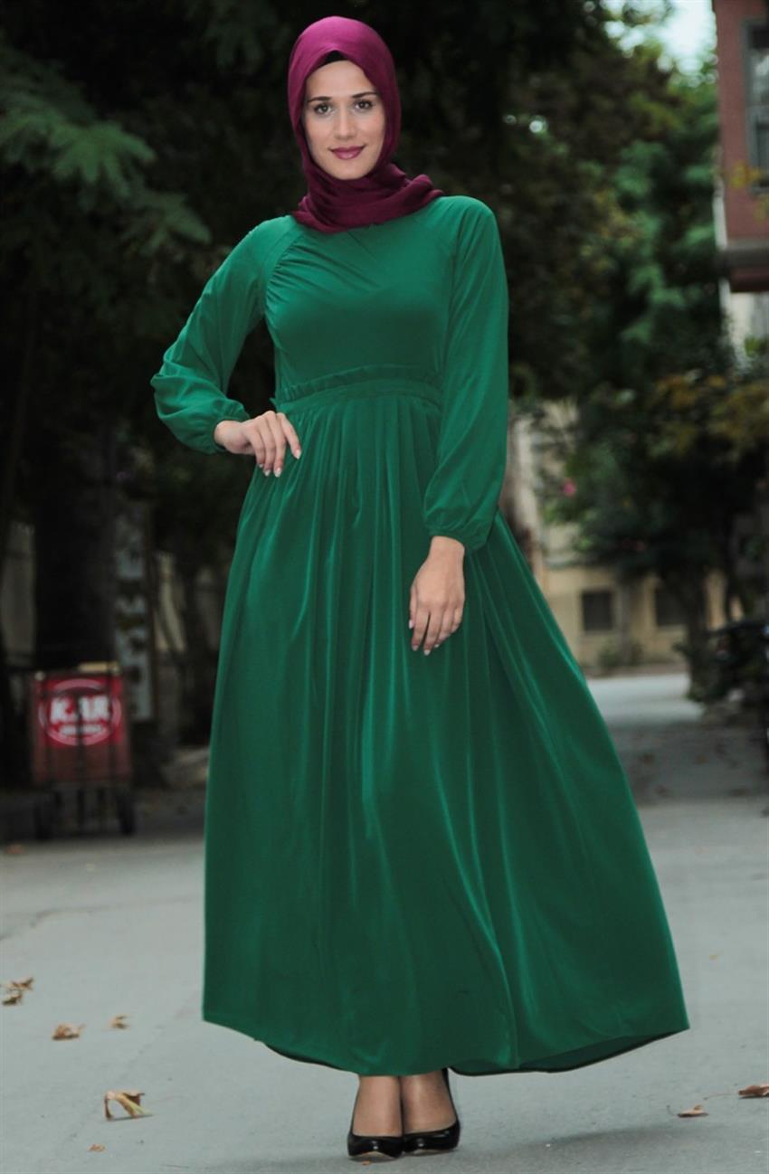 Ara Zeynep Bilyay Pile Detaylı Zümrüt Elbise Yeşili E16-62
