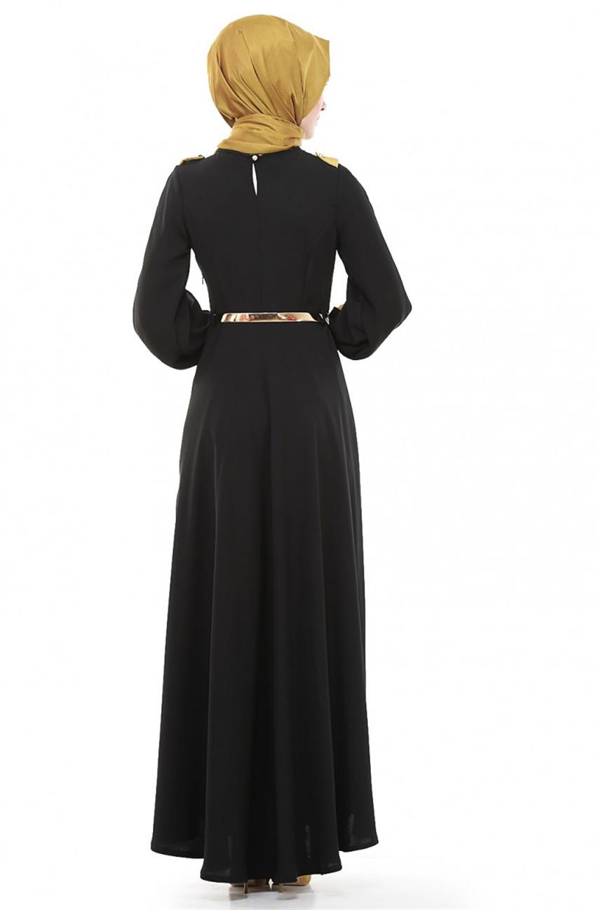 Pile Detaylı Siyah Elbise 8545-01