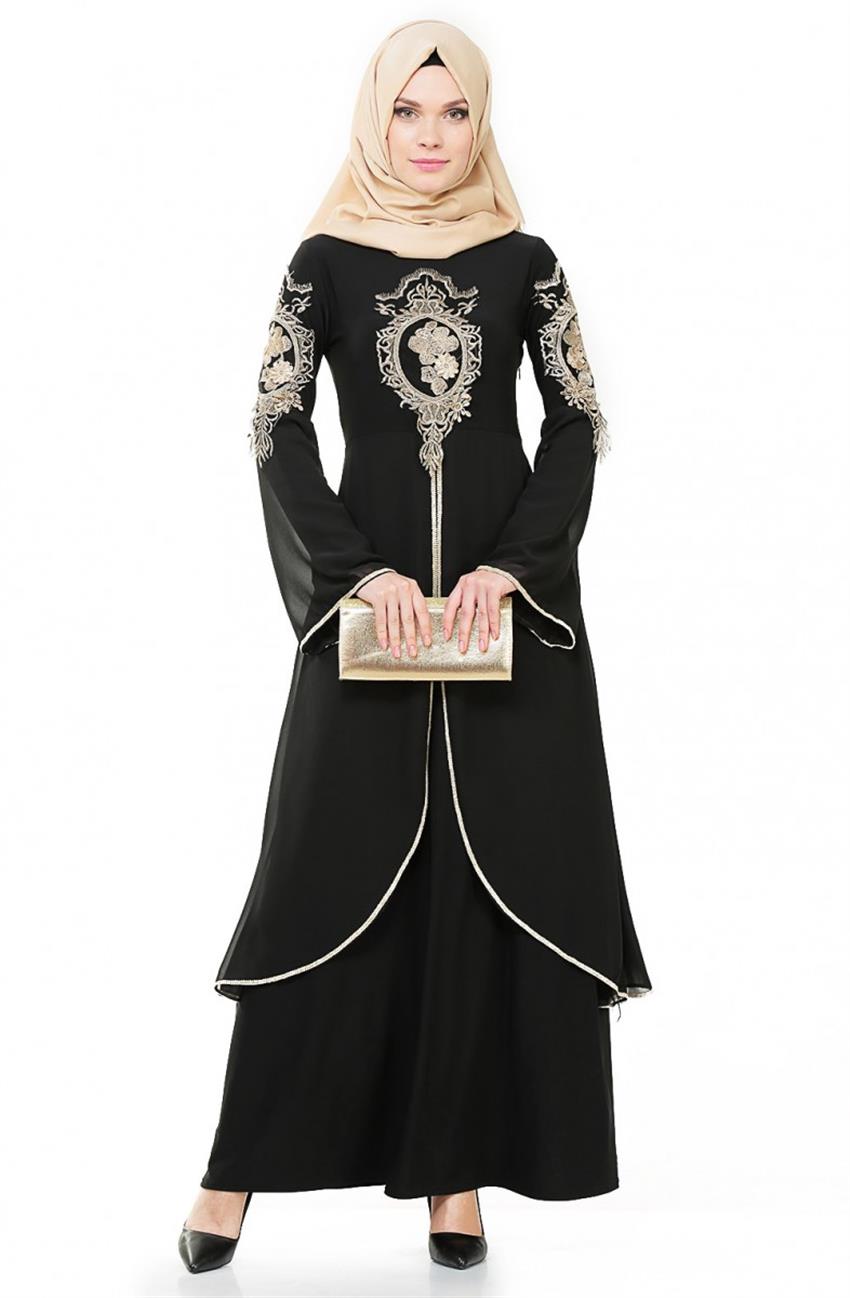 Abiye Güpürlü Siyah Elbise 8392-01