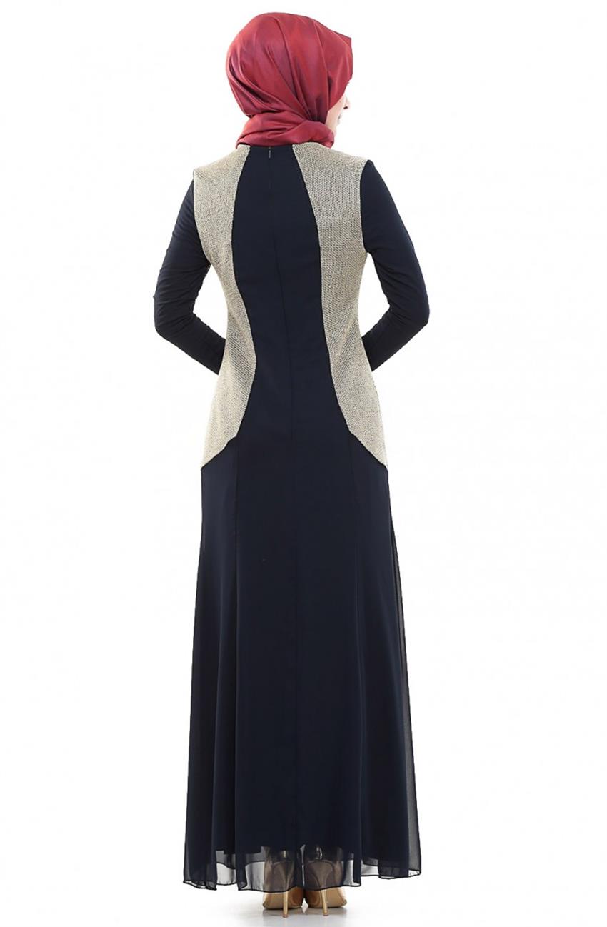 Yaka Detaylı Abiye Lacivert Elbise ARM439-17
