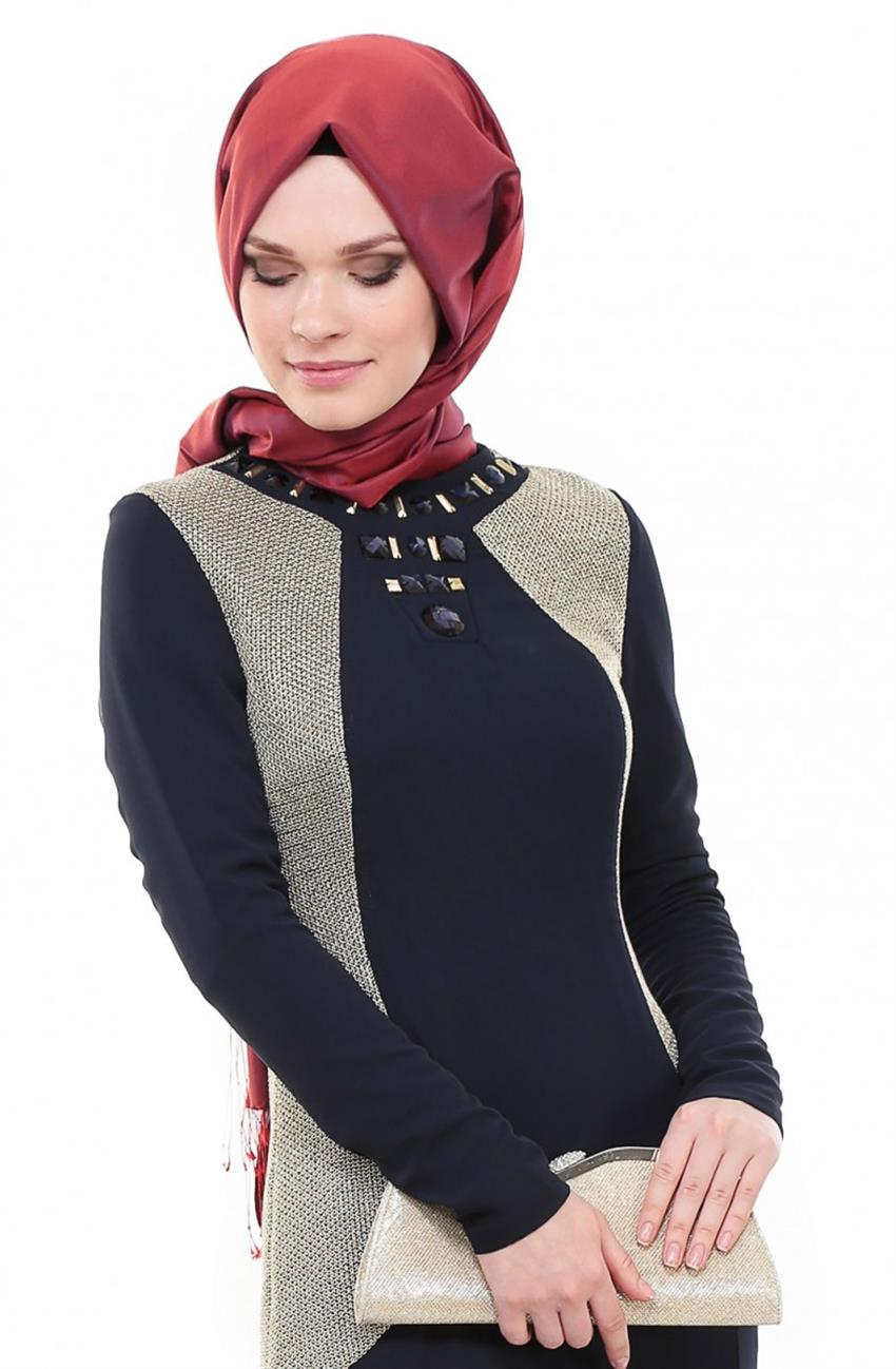 Yaka Detaylı Abiye Lacivert Elbise ARM439-17