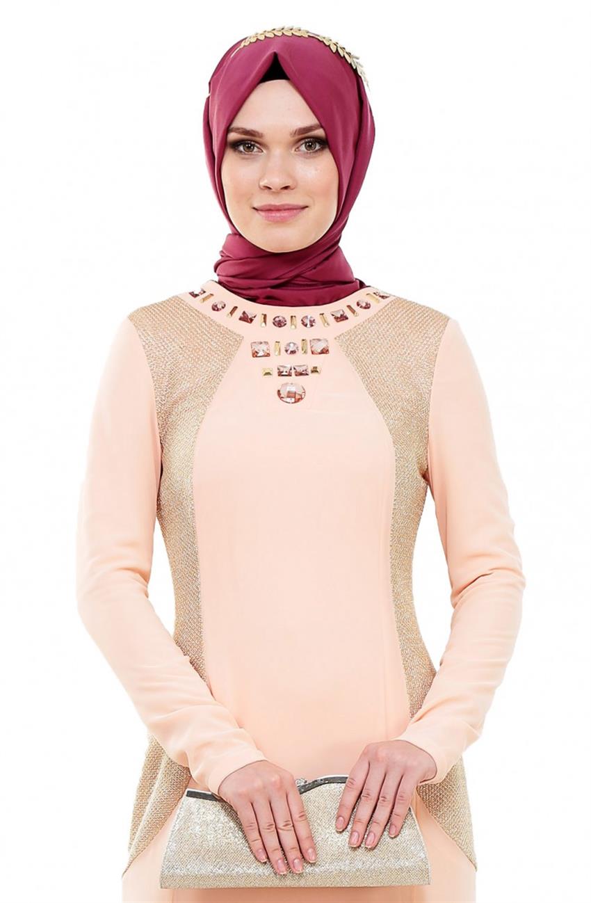 Yaka Detaylı Abiye Somon Elbise ARM439-73