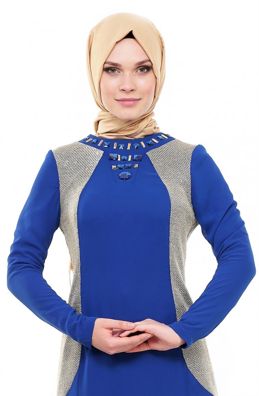 Yaka Detaylı Abiye Saks Elbise ARM439-47
