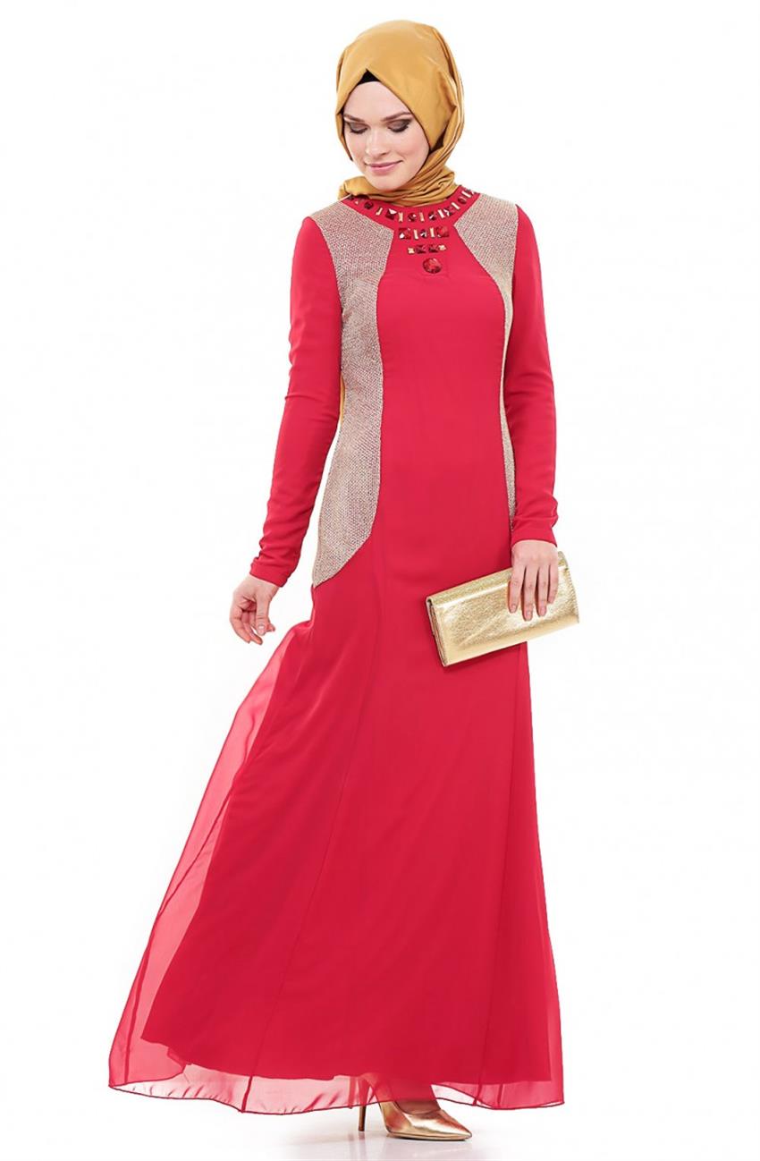 Yaka Detaylı Abiye Kırmızı Elbise ARM439-34