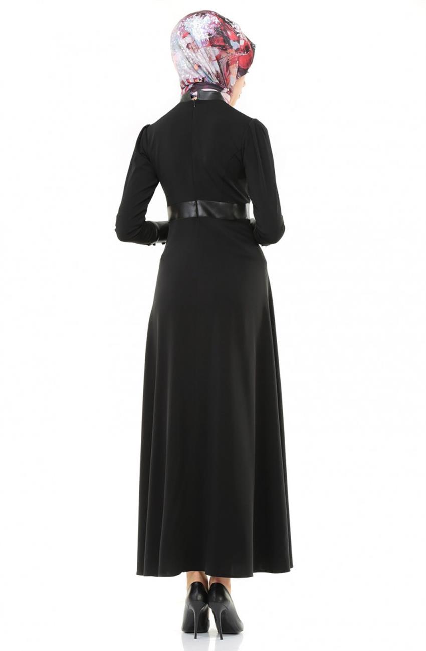 Deri Garnili Kloş Siyah Elbise ZEN106-1004