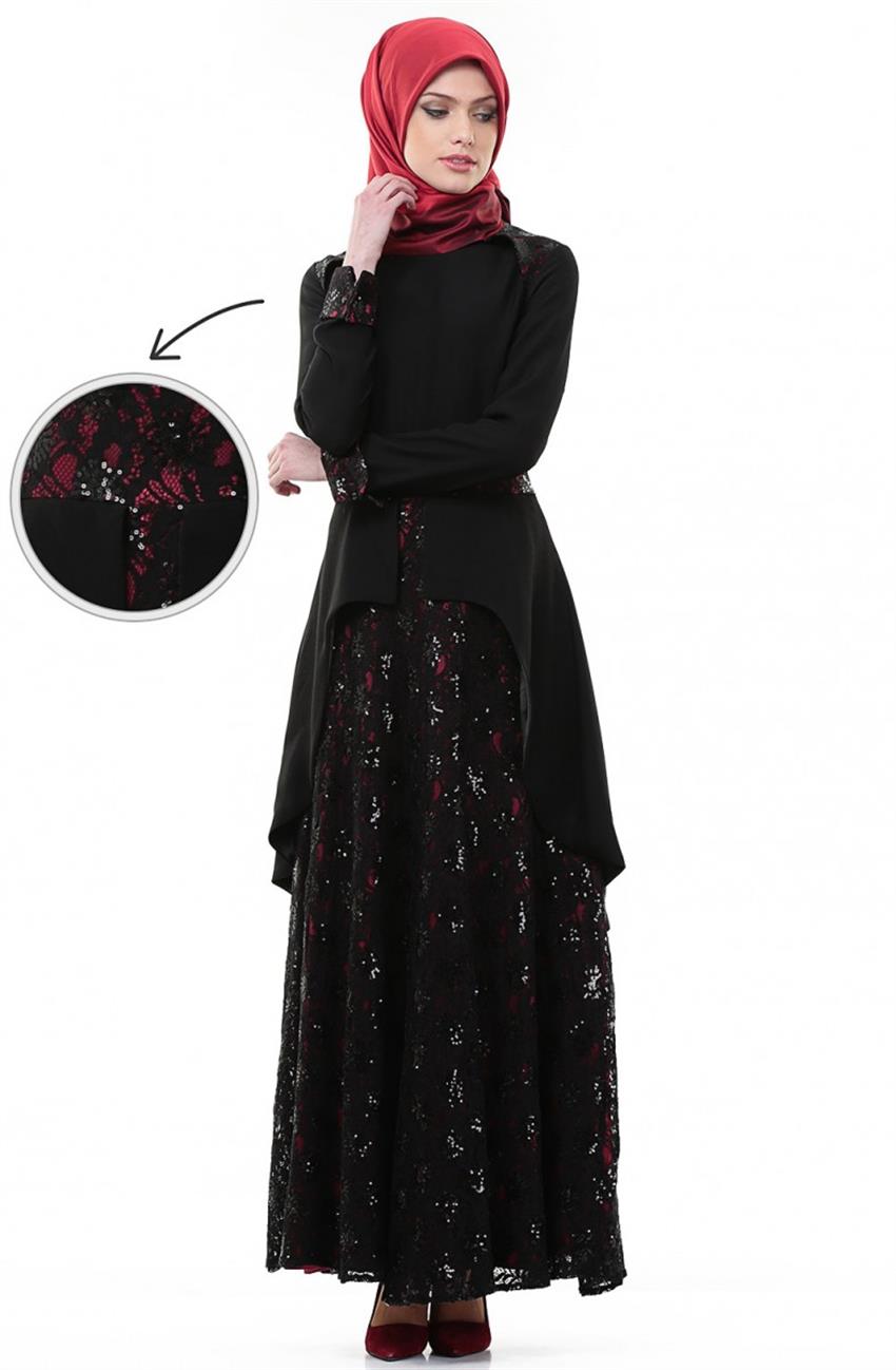 İpekdal Dress-Black Claret Red 3687-0167