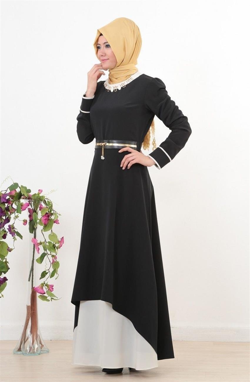 kat 2 Renk Dress-Black Ecru 3636-0152