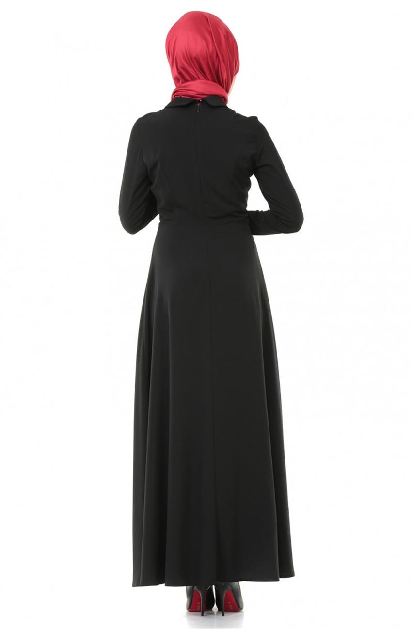 Boncuk İşlemeli Abiye Siyah Elbise 3886-01