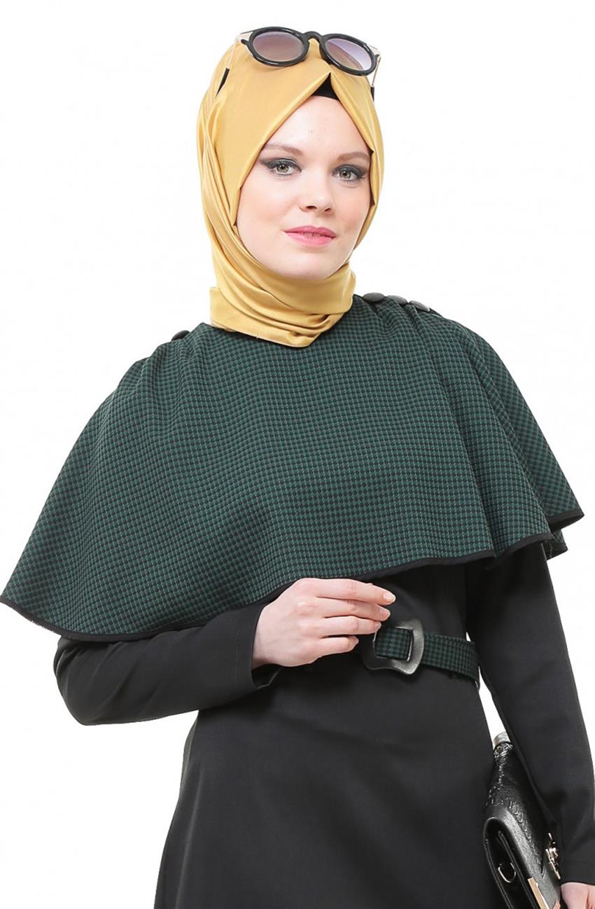 Pelerinli Yeşil Elbise Siyah 5017-2101