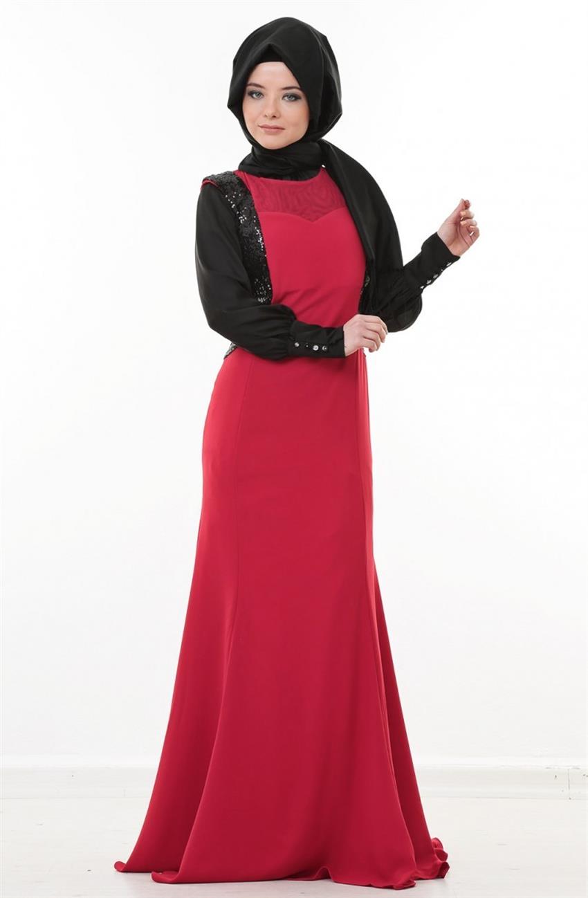 Pul Payetlı Abiye Kırmızı Elbise Siyah 5110-3401