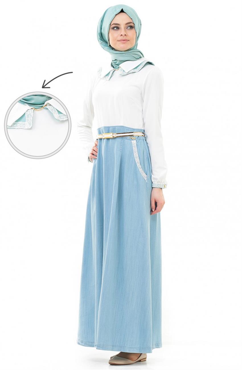 Butik Huri Çift Yaka Elbise Beyaz Mint 5073-0224