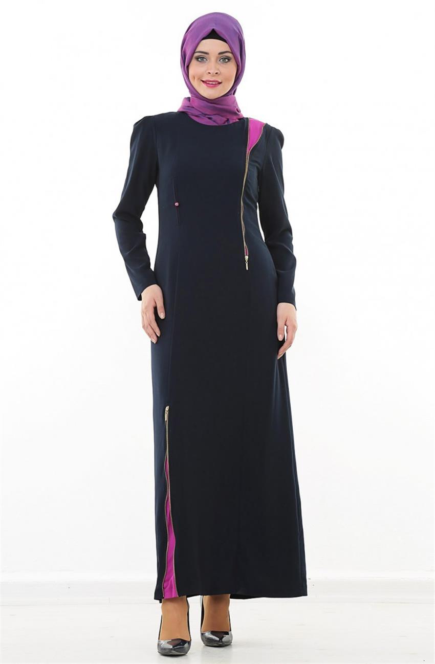 Metal Fermuarlı Lacivert Elbise 4391-17