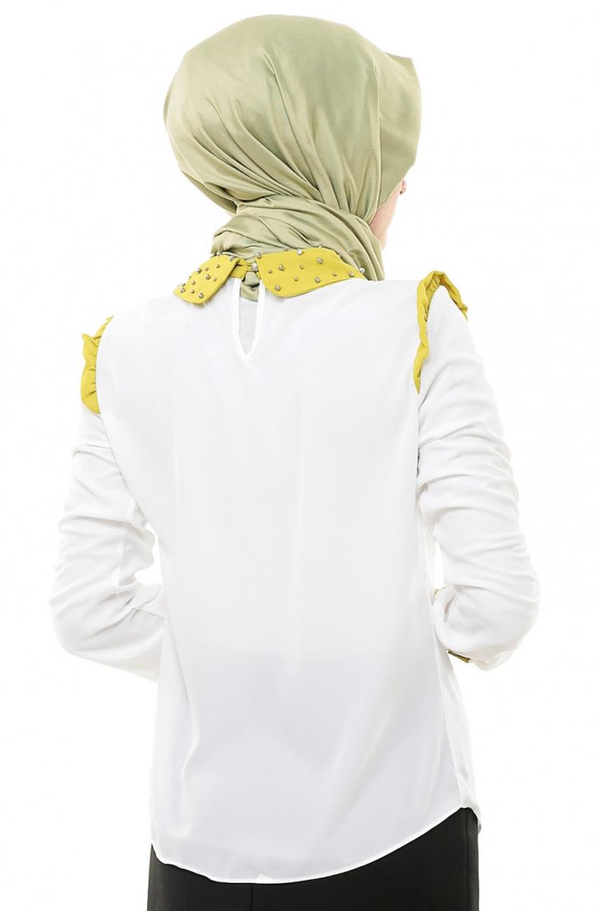 Şifon Beyaz Bluz Fıstık Yeşili 20772-0223