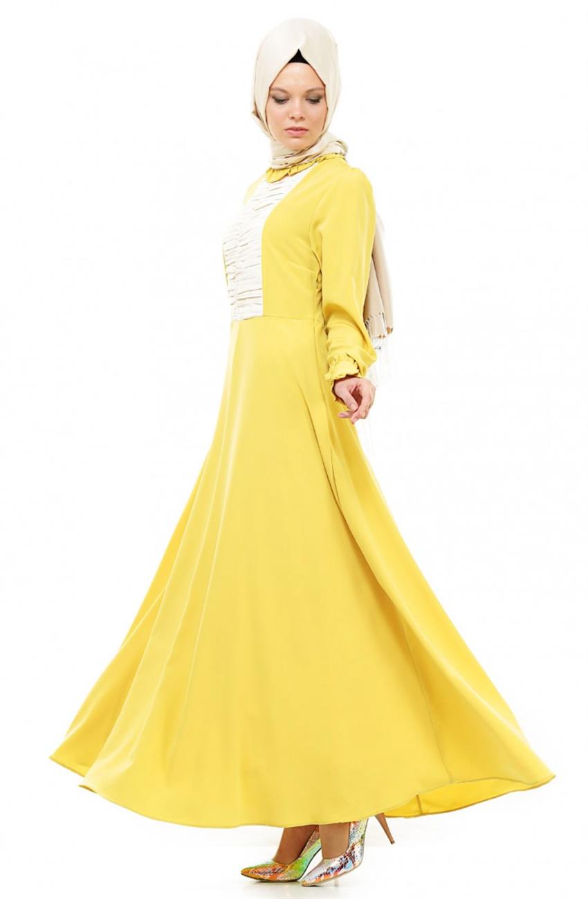 Drape Detaylı Sarı Elbise 1577-29