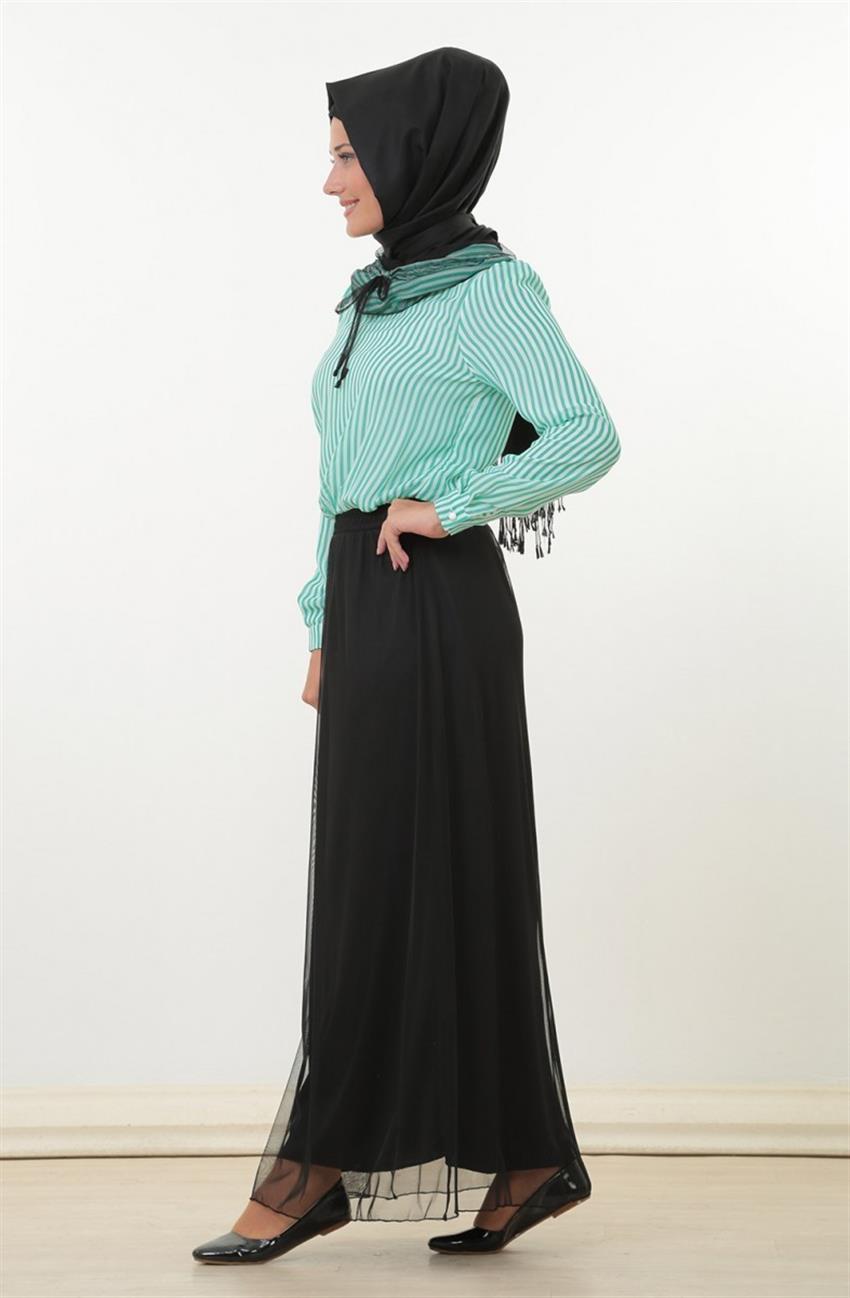 Kapişonlu Tül Detaylı Mint Elbise Siyah 9081-2401