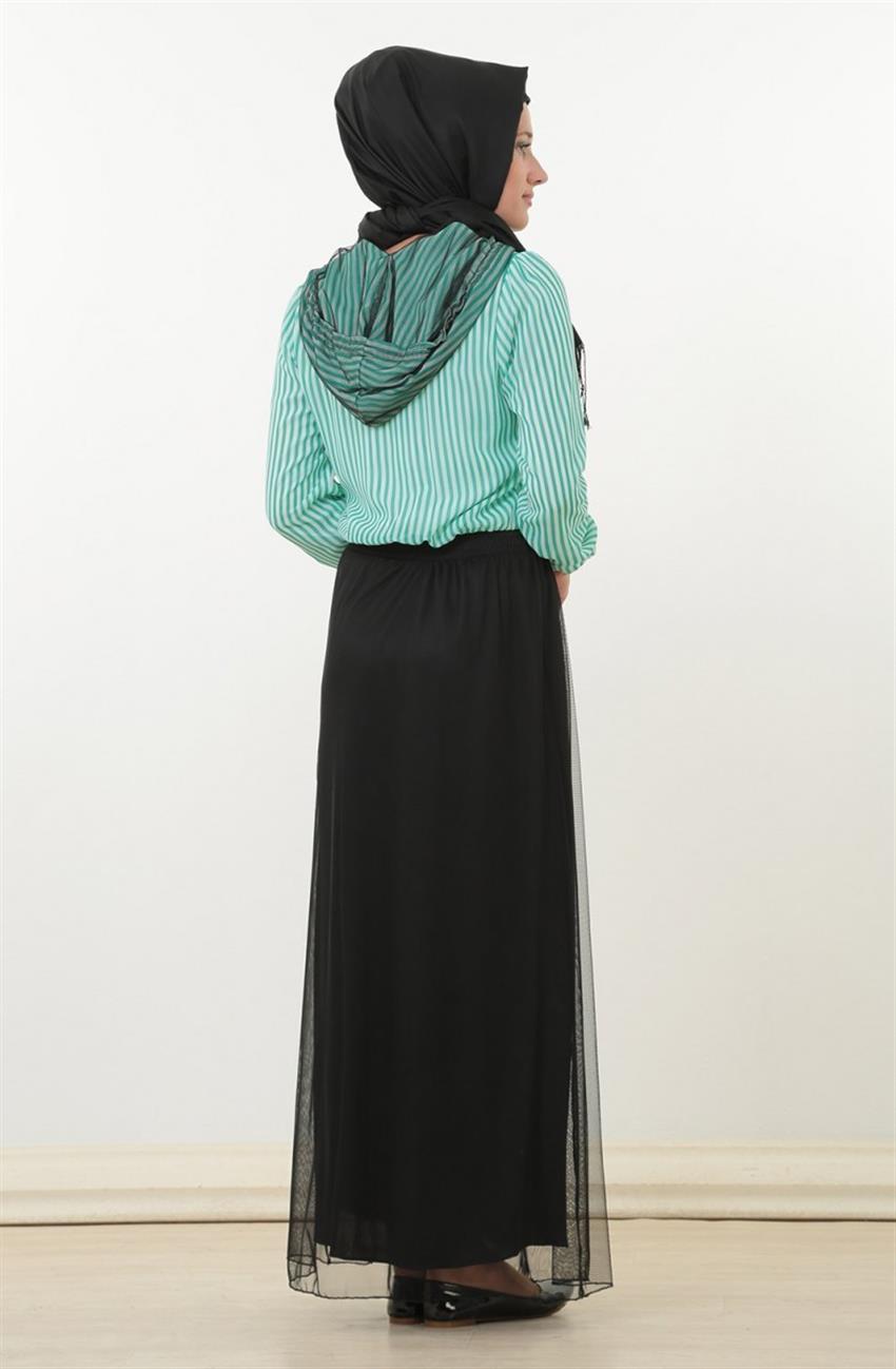 Kapişonlu Tül Detaylı Mint Elbise Siyah 9081-2401