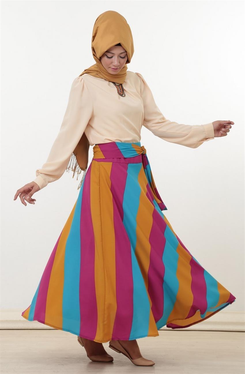 Şeritli Skirt-Turquoise 1003-19