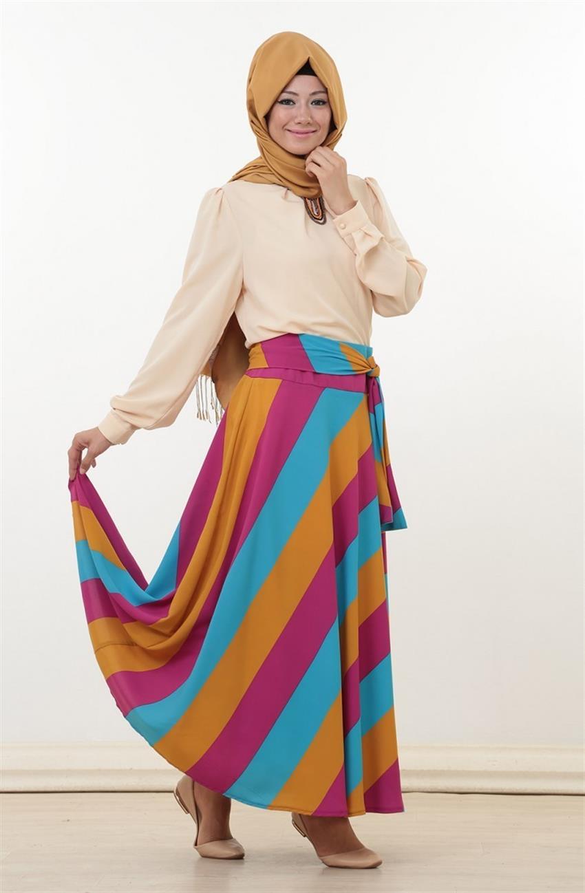 Şeritli Skirt-Turquoise 1003-19