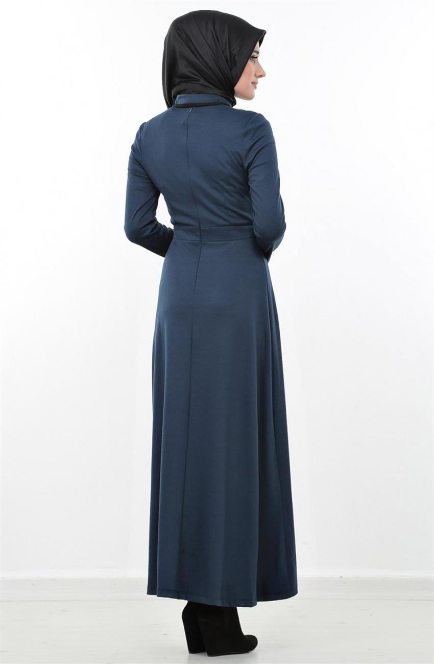 Şömizye Yakalı Dantel Güpürlü Lacivert Elbise AE2023-17