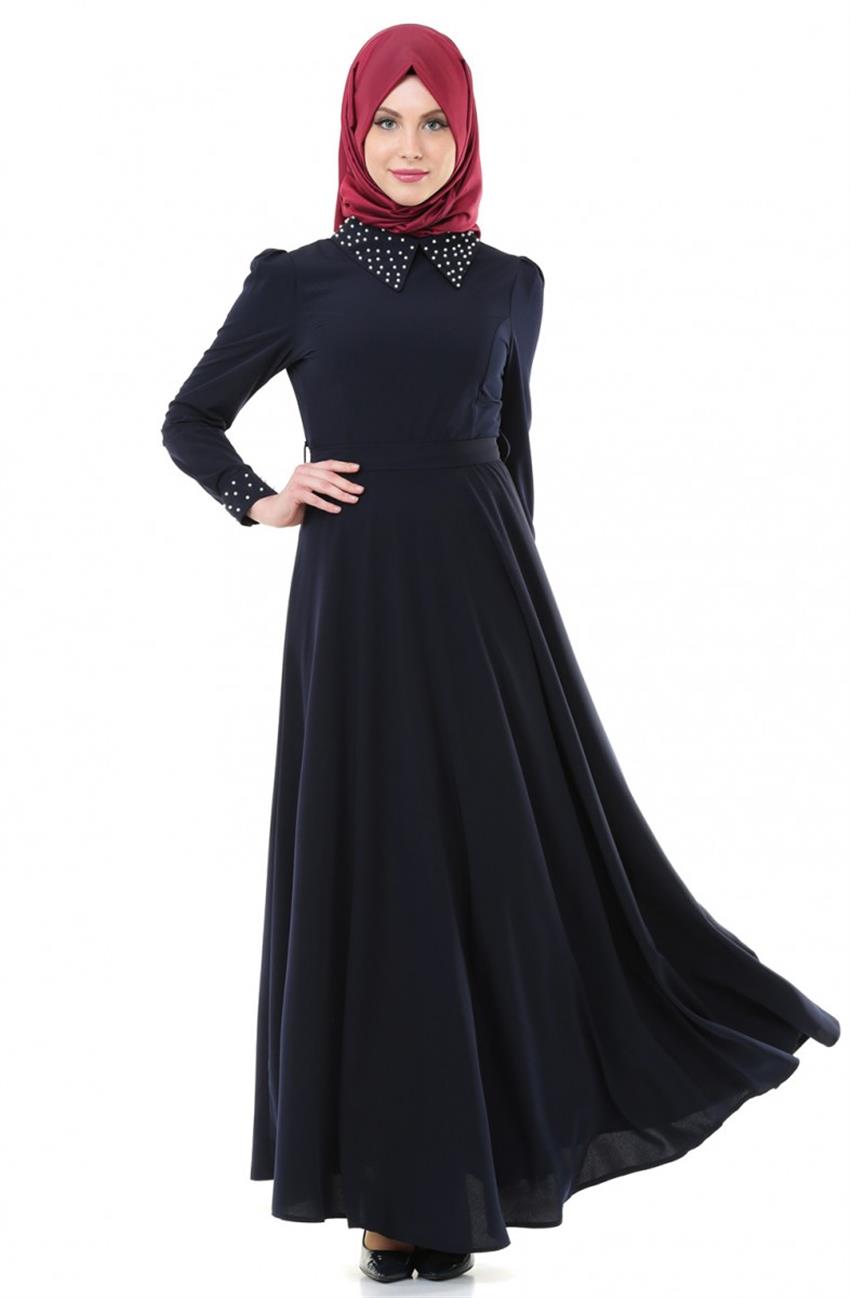 Sivri Yaka Lacivert Elbise ARM7029-17