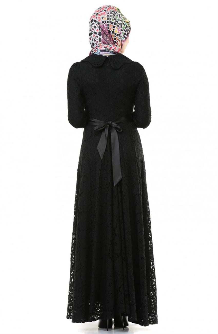 Dantel Detaylı Siyah Elbise 1803-01