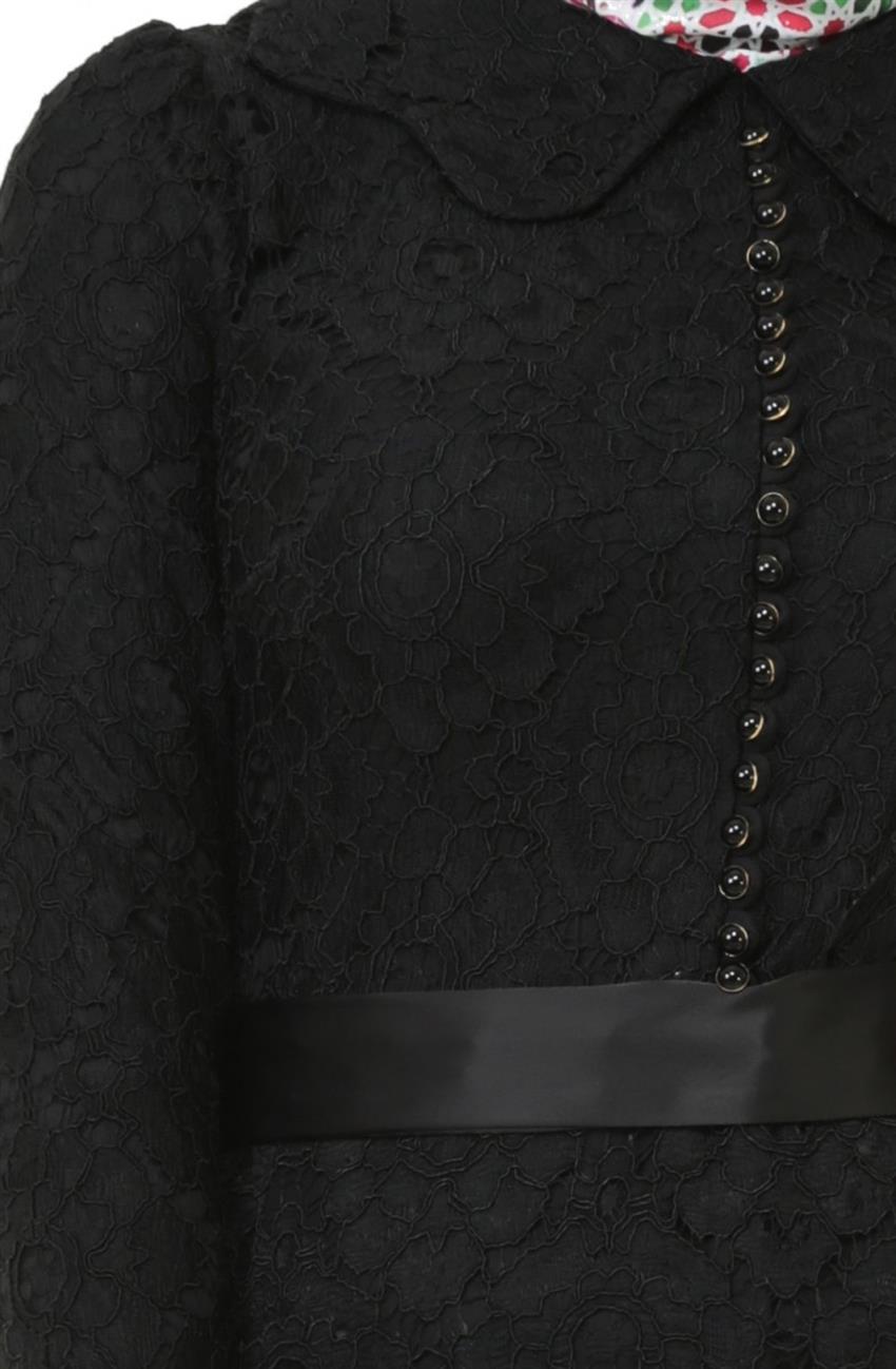 Dantel Detaylı Siyah Elbise 1803-01