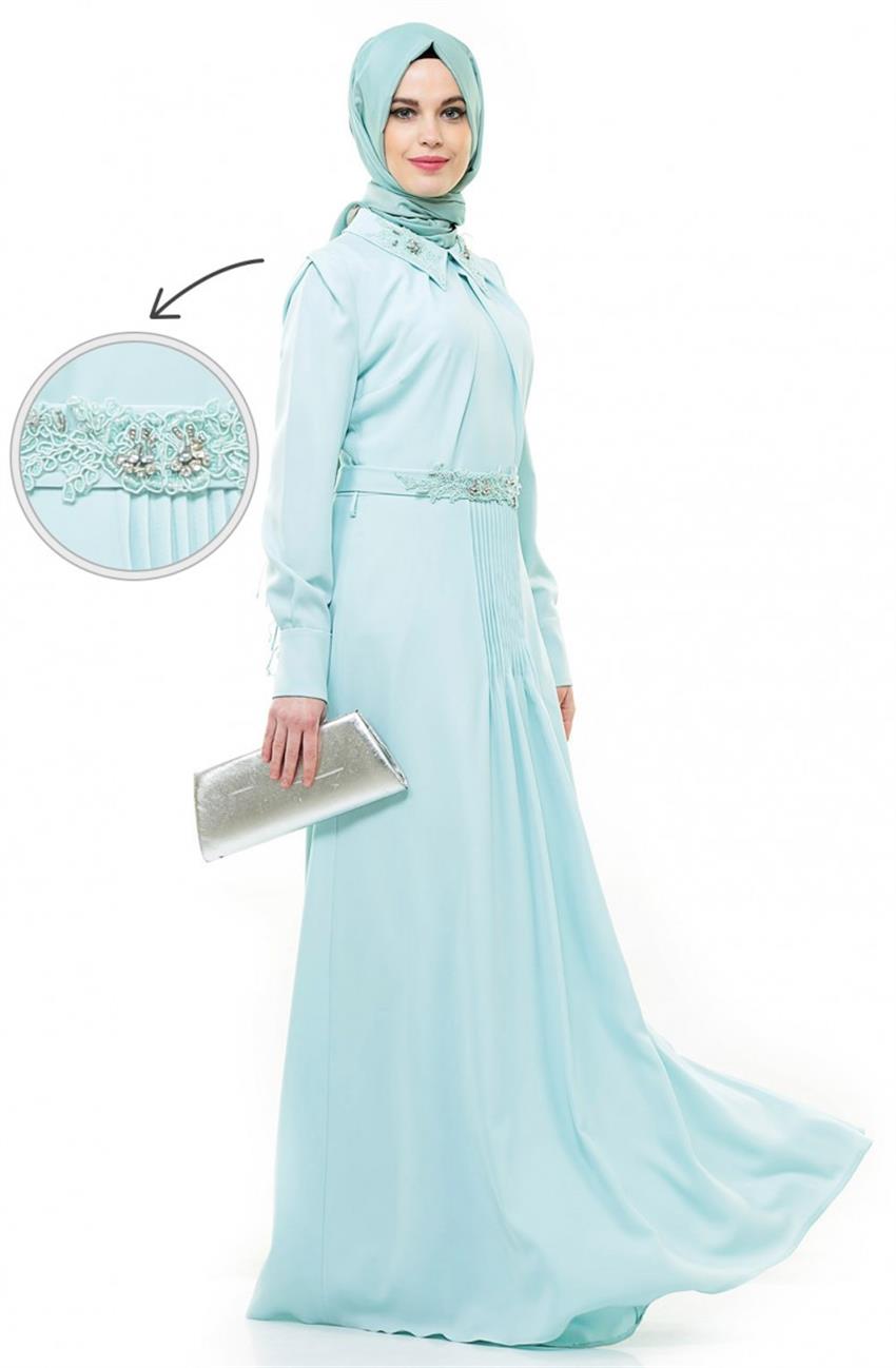 Sivri Yaka Güpür İşlemeli Abiye Mint Elbise KA-B4-23018-54