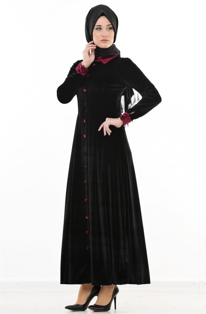 Kloş Kadife Siyah Elbise Bordo 1539-0167